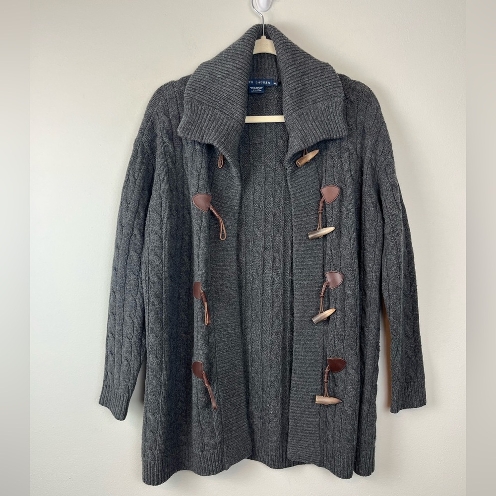 Ralph Lauren Blue Label Wool Gray Cable Knit Cardigan Toggles Closure M/L